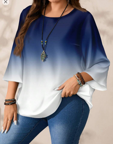 Shein Plus Size All-Over Printed Loose Fit Round Neck 3/4 Sleeve Casual Shirt, XXL +