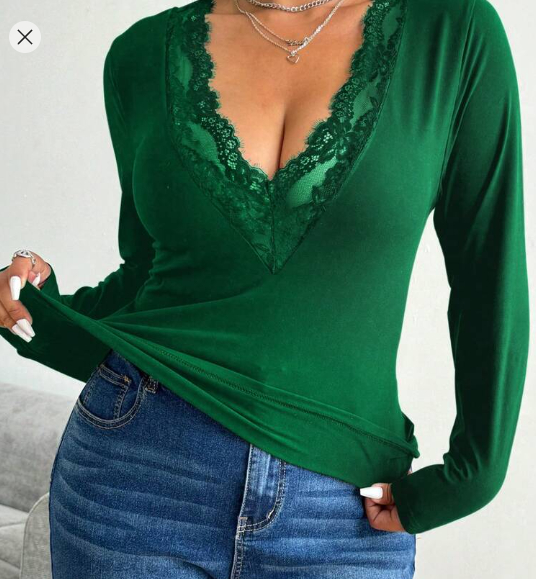 Shein Plus Size Deep V-Neck Lace Patchwork Sexy Long Sleeve Black T-Shirt, 0XL +