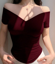 Shein Off-Shoulder Sexy Fitted Solid Color Short Sleeve Women T-Shirt >