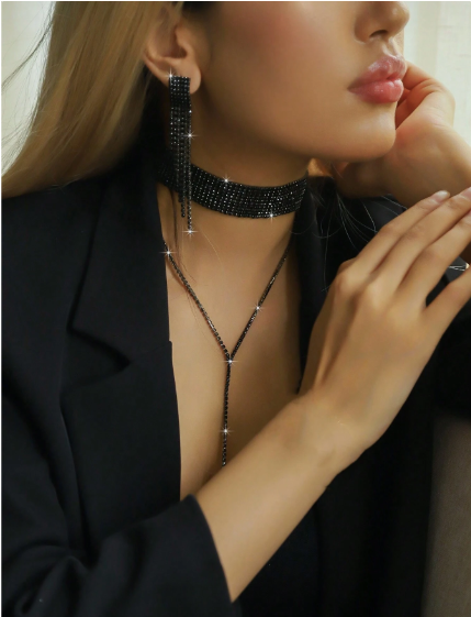 Shein Women's Elegant Rhinestone Tassel Necklace and Earring Set
