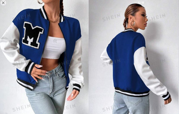 Shein Letter Patched Striped Trim Drop Shoulder Two Tone Varsity Jacket, XS /