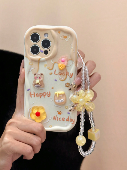 Cartoon & Floral Chain Ombre Cream Wavy Print Protective Phone Case>
