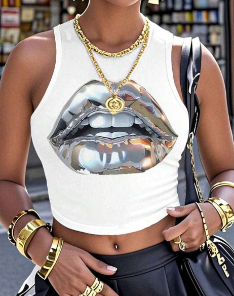 Shein Reflective Lip Graphic Print Crew Neck Tight Fit Women Tank Top, M +
