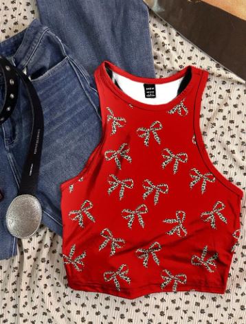 Shein Leopard Print Bow Decor Round Neck Tight Fit Women Tank Top, M +
