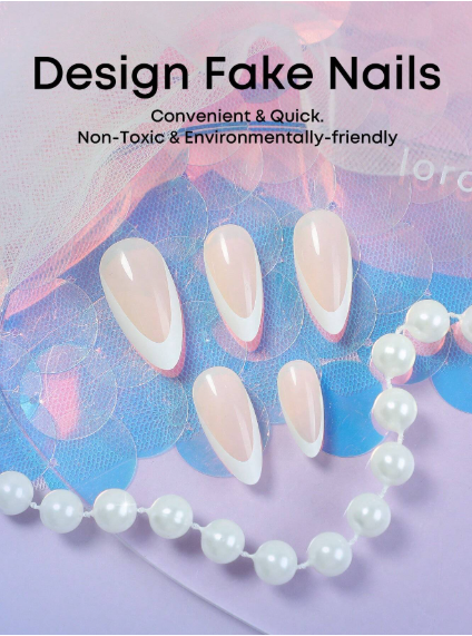 Shein 24pcs Medium Almond Shaped White Edged Press-On Nails Glossy Finish -.