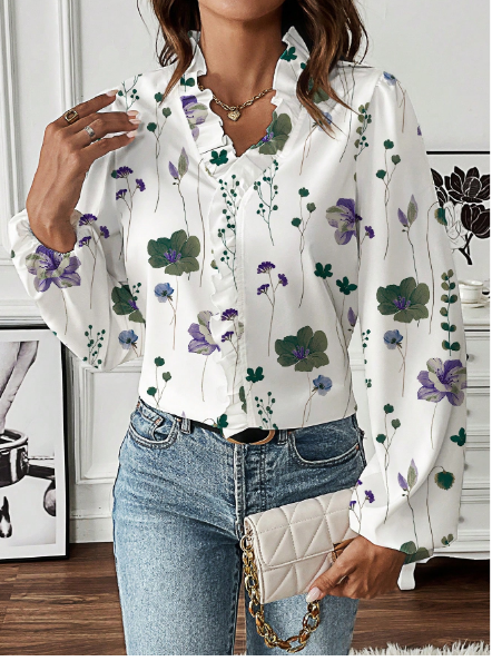 Shein Women's Ruffle Trim Printed Long Sleeve Shirt Dress, XL +