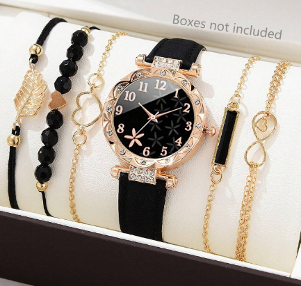 Shein 6pcs/Set Ladies Watch Ladies' Pu Leather Strap Quartz Watch Kit +