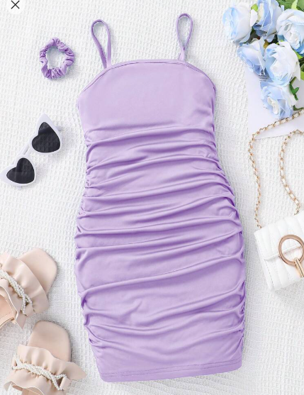 Shein Tween Girl Casual School Style Simple Ruched Suspender Dress With Hair Tie, 12T -.