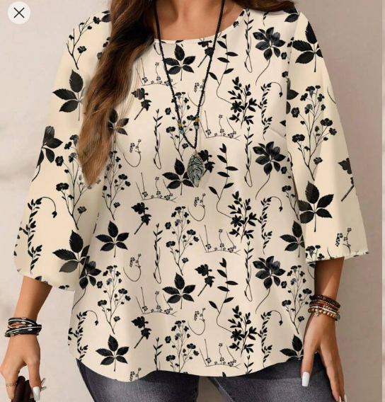 Shein Plus Size Casual Allover Print Round Neck Loose 3/4 Sleeve Blouse, 3XL +