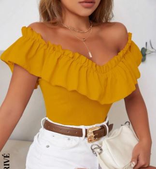 Shein Solid Off Shoulder Ruffle Trim Tee, L /