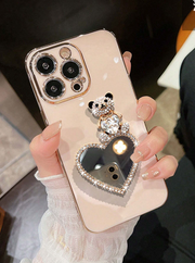 Rhinestone Bear Heart Mirror With Gold Edges Electroplated Phone Case>