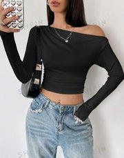 Shein EZwear Asymmetrical Neck Crop Tee, M +