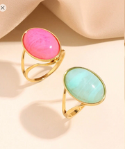 Shein 2pcs Stainless Steel Gold Yellow Ring With Light Blue And Pink Large Stones>