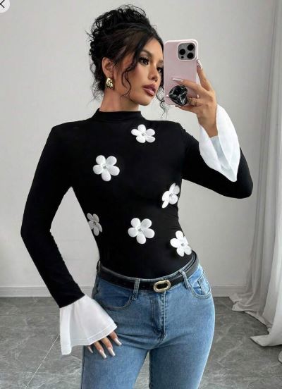 Shein Elegant Colorblock Patchwork Flared Sleeve Floral Decor T-Shirt, M +