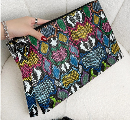 Shein Fashionable Color Block Snake Print Large Capacity Zipper Wrist Bag -.