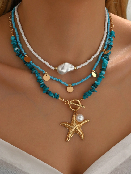 Shein 3pcs/Set Bohemian Beach Style Turquoise Starfish Pendant Layered Beaded Necklace>