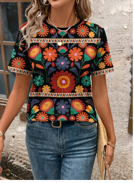 Shein Casual Floral Retro Print Round Neck Short Sleeve Women's T-Shirt, XL +