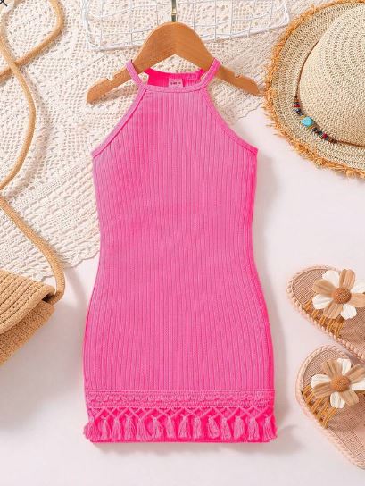 Shein Young Girl Frill Trim Halter Neck Ruffle Hem Dress, 4T