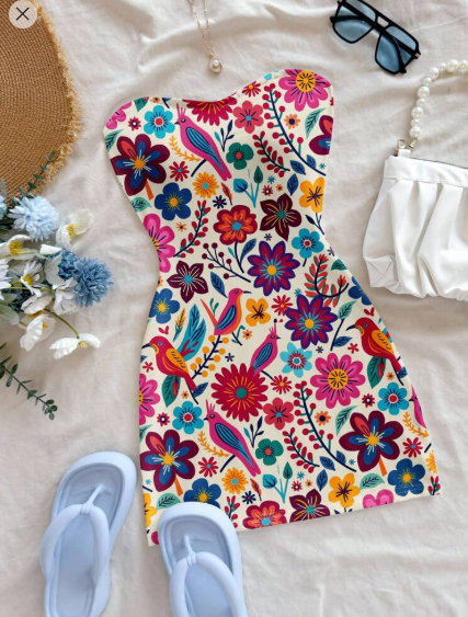 Shein Bohemian Floral Print Loose Fit Mini Dress, 0XL +