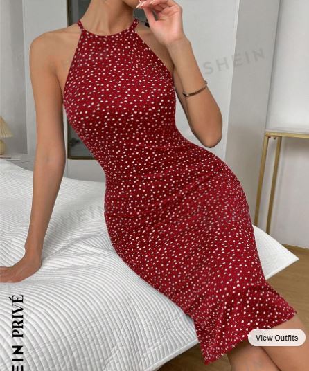 Shein Red Allover Heart Print Halter Neck Cami Bodycon Dress, L /