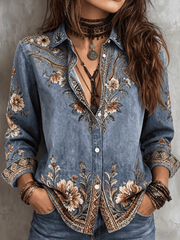 Shein Women's Bohemian Floral Embroidered Shirt, XL