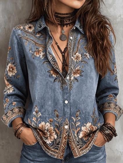 Shein Women's Bohemian Floral Embroidered Shirt, XL