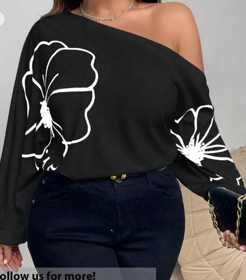 Shein Plus Size Casual Elegant Floral Print Cold-Shoulder Blouse, 4XL +