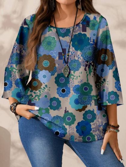 Shein Women's Casual All-Over Print Loose Round Neck 3/4 Sleeve Blouse +