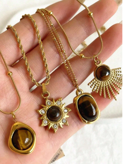 Shein 1pc Vintage Brown Natural Stone Titanium Steel Pendant Necklace (code: D1)>