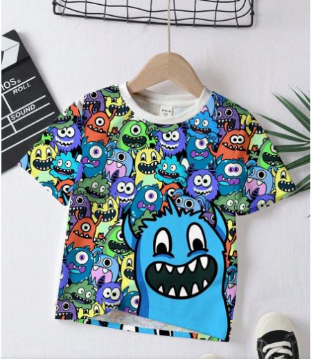 Shein Cartoon Fun Print Loose Fit Round Neck Short Sleeve T-Shirt, 5T /