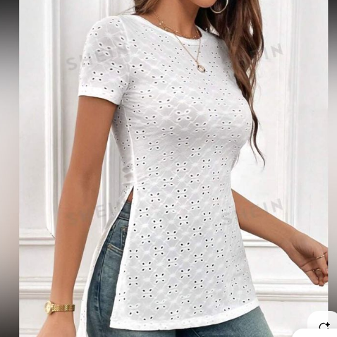 Shein Solid Eyelet Embroidery Split Hem Tee, L +