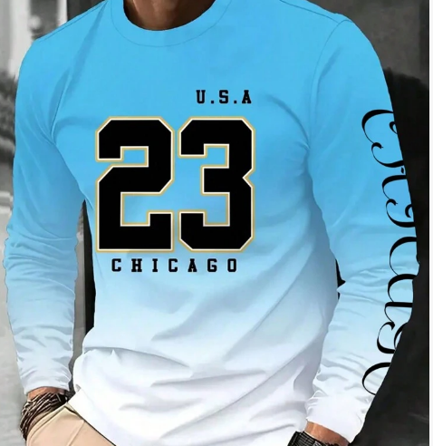 Shein Men's Casual Long Sleeve Crew Neck T-Shirt With Chicago 23 Print, S +
