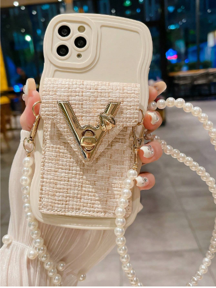 1pc Fashionable Luxury Faux Pearl Chain Card Holder Case>