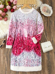 Shein Kids Tween Girl Graphic Print Contrast Fuzzy Trim Dress, 12T -.