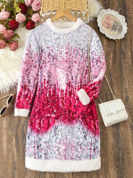 Shein Kids Tween Girl Graphic Print Contrast Fuzzy Trim Dress, 12T -.