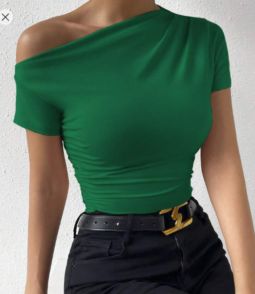 Shein Solid Color Asymmetrical Neckline Ruched Slim Fit T-Shirt +