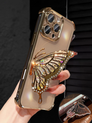 Luxury Electroplated Transparent Phone Case With Butterfly Glitter Stand, Rhinestone Shiny Style>