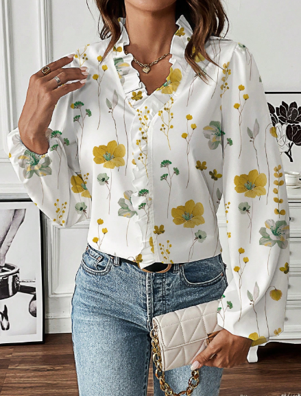Shein Women's Long Sleeve Frill Trim Printed Long Length Blouse, XL +