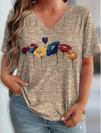 Shein Plus Size Elegant Floral Print Casual Women V-Neck Short Sleeve T-Shirt, XXL +