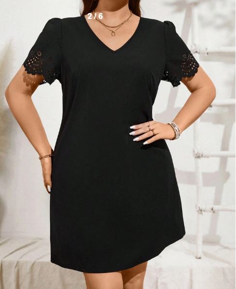 Shein Plus Size Women's Black V-Neck Lace Sleeve Patchwork Dress, 0XL */