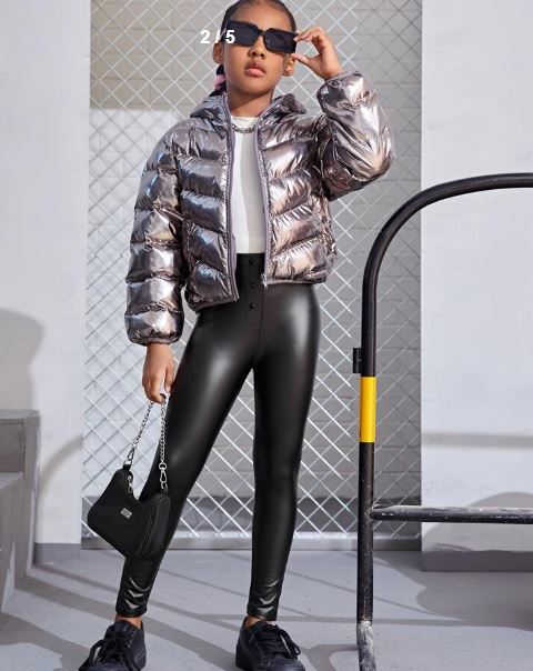 Shein Tween Girl Button Front Heart Ring Detail PU Leather Skinny Pants, 11-12T +