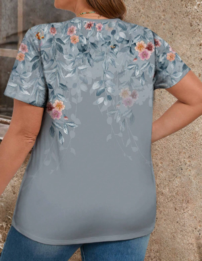 Shein Summer Casual V-Neck Short Sleeve Floral Printed Plus Size T-Shirt -.