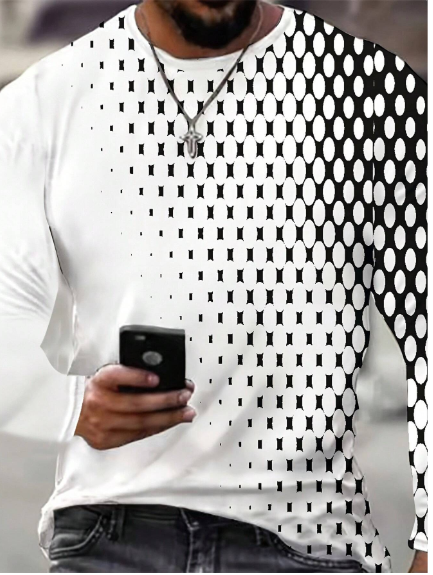 Shein Men Geometric Polka Dot Printed Round Neck Long Sleeve T-Shirt, XL>
