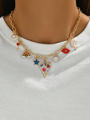 Shein 1pc Fashionable Funky Jewelry Necklace With Metal Exaggerated Colorful Painted Heart, Lip, Shell, Dolphin, Rainbow, Cloud Pendant Decoration, Adjustable Length Necklace>