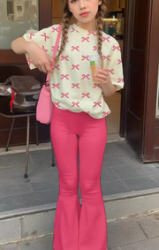 Shein Cute & Sweet Pink Bow Print Tween Girl Casual Minimalist 2 Pcs Set, 11T -.