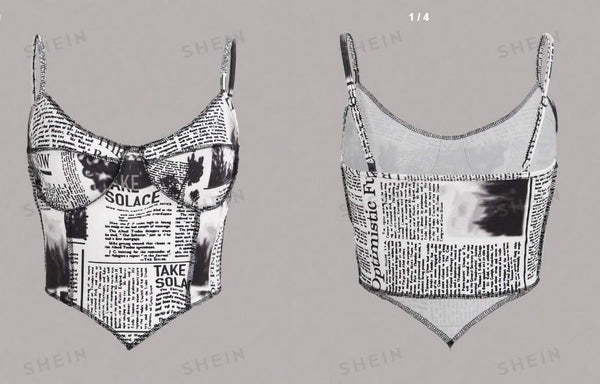 Shein Newspaper Print Asymmetrical Hem Cami Top /