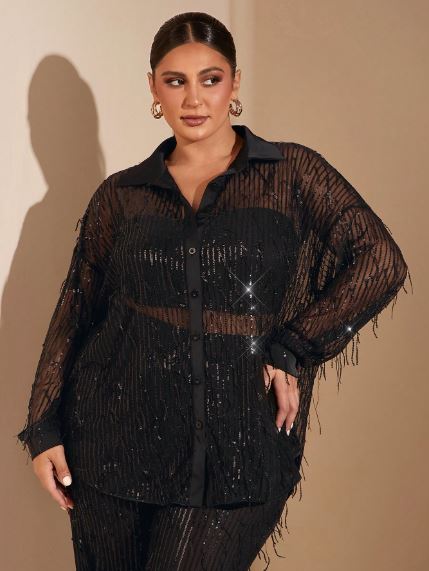 Shein Plus Size Black Special Tassel Sequins Slightly Transparent Shirt, 4XL +