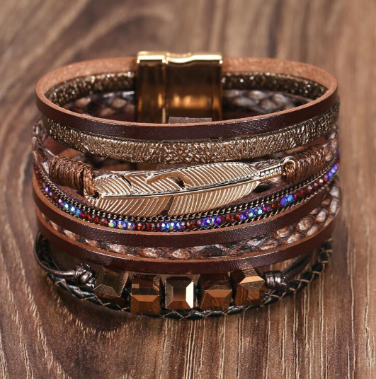 Shein 1pc Leather Cuff Bracelet Multilayer Wrap Bracelet Crystal Feather Tree Bangle With Magnetic Clasp +