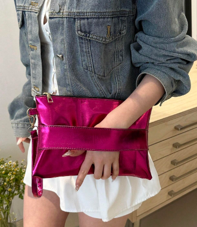 Shein Shiny Metallic Color, Casual And Simple, Solid Color Clutch Bag -.