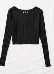 SHEIN  U-Neck Long Sleeves Button Front Lettuce Trim Rib-Knit Tee , XL-.
